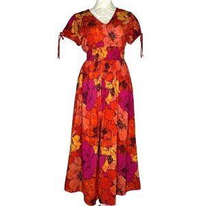 Violet Skies Midi Dress Smocked Slit Floral Orange S